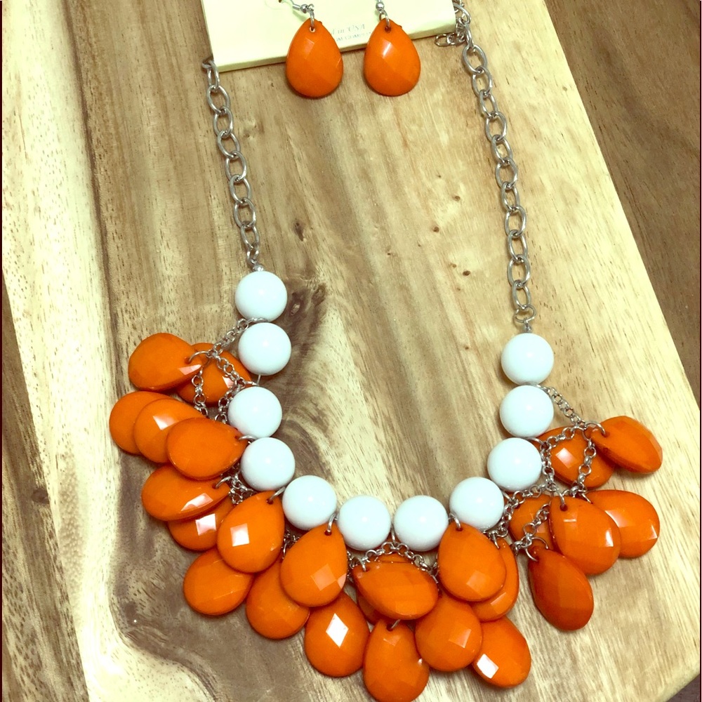 Orange and white necklace and matching earrings